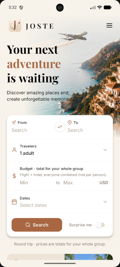 JOSTE - cheapest-first flight + hotel results